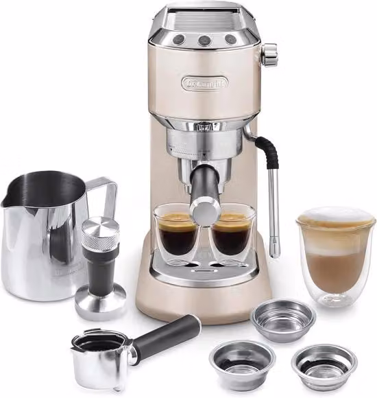 Macchina per caffè espresso DeLonghi con sistema Thermoblock, beccuccio per vapore e design compatto in colore beige e acciaio inossidabile
