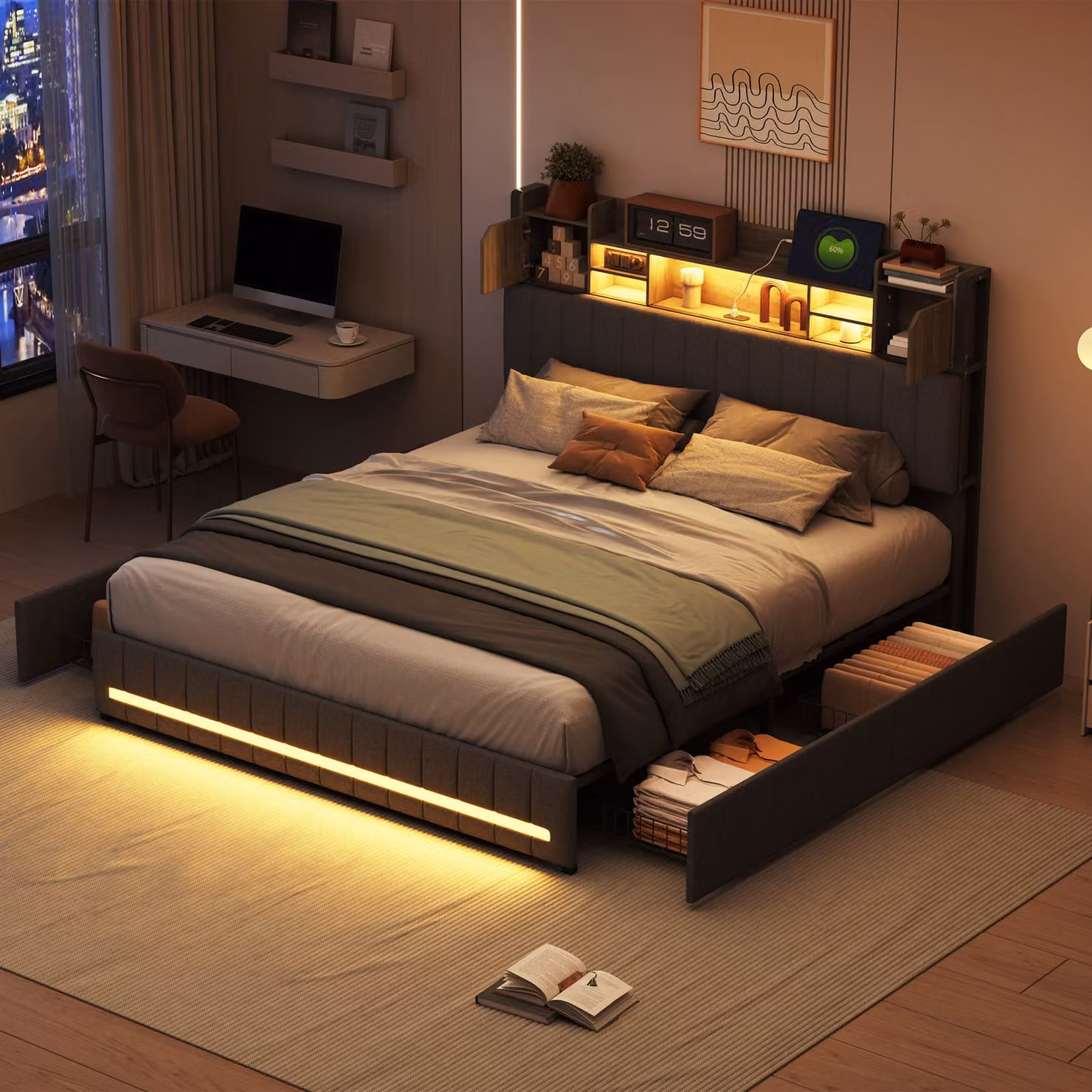 CDGlobal letto 140x200 con LED e testata, letto imbottito 140x200 cm con 4 cassetti, letto matrimoniale con contenitore e rete a doghe, letto contenitore letto giovanile spalliera letto per adulti & ragazzi, biancheria