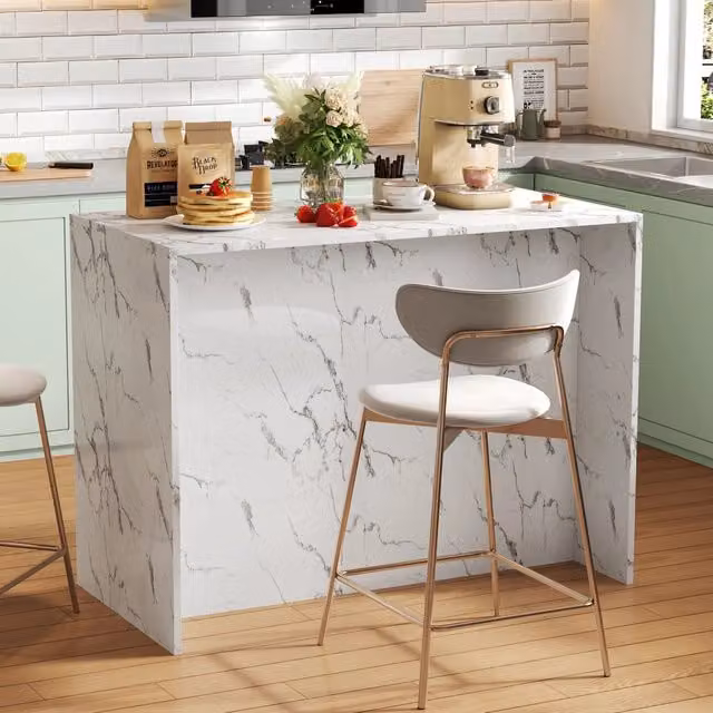 Isola da cucina moderna WISHDOR con piano effetto marmo bianco e nero, 3 cassetti e 3 ante, L/P/H: 120 x 60 x 90,5 cm – 1