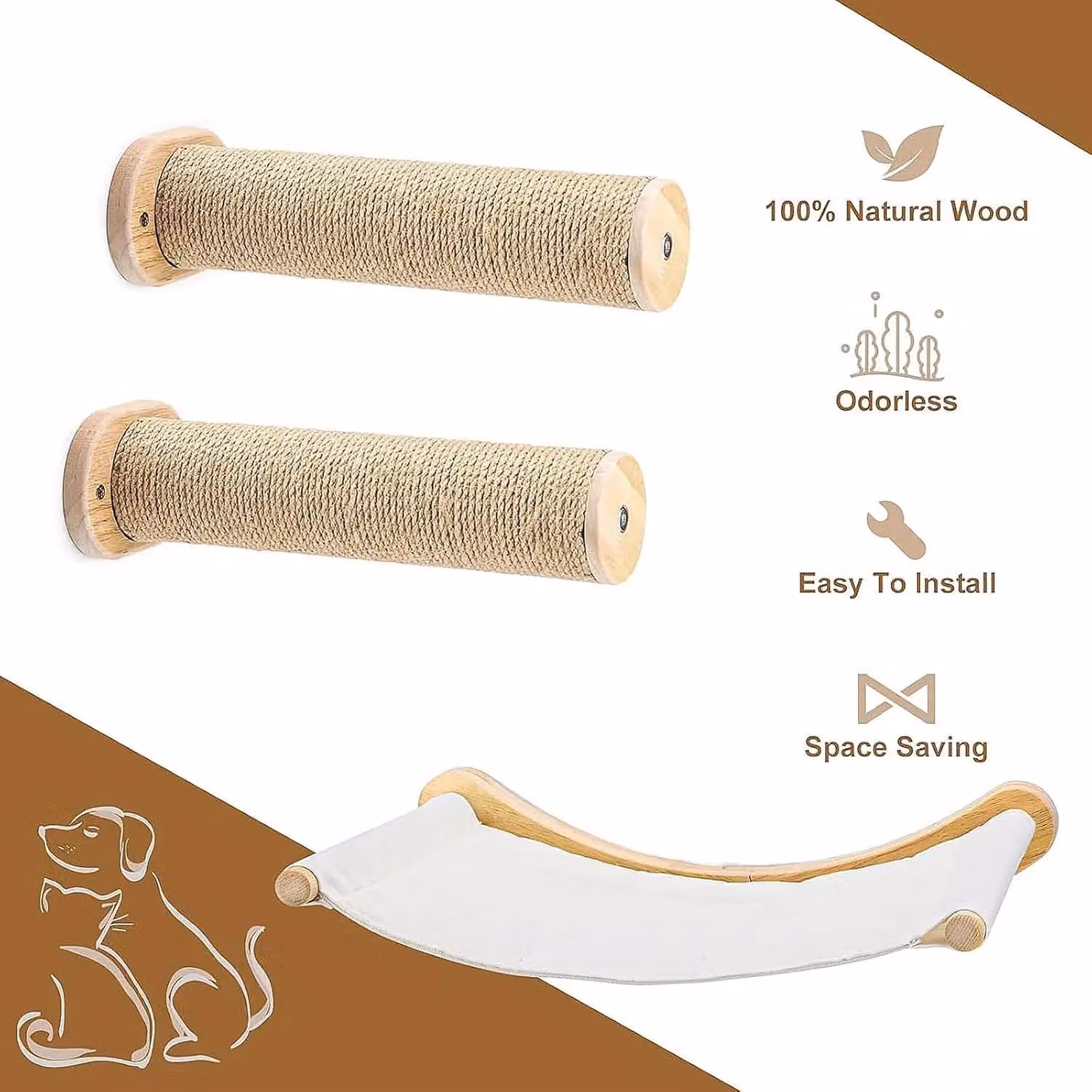 Cuccia da parete per gatti - Tiragraffi a parete - Sisal con 2 gradini - Set da 3 pezzi - Tre livelli - Per gatti