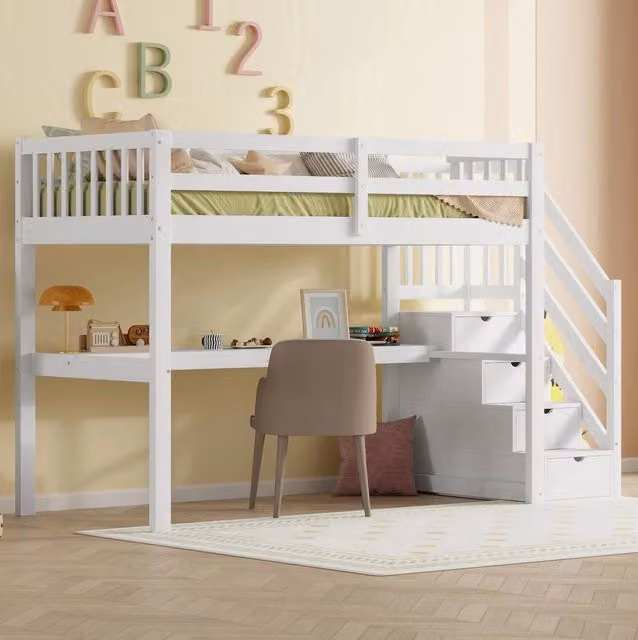 Letto a soppalco 90x200 cm con scrivania e spazio contenitore; pino; bianco (Senza materasso)