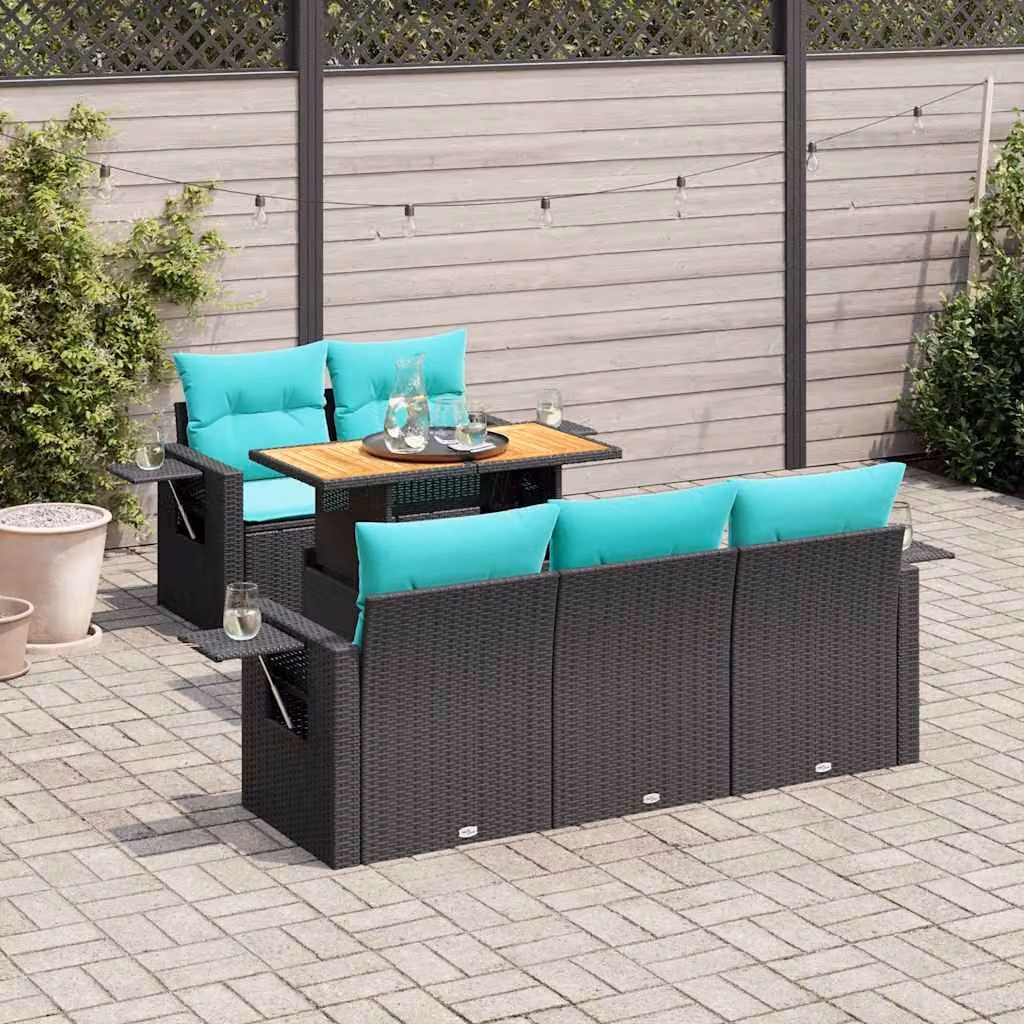 Set Divano da Giardino vidaXL 6 pz a Forma a L con Cuscini, Polyrattan e Acciaio Nero
