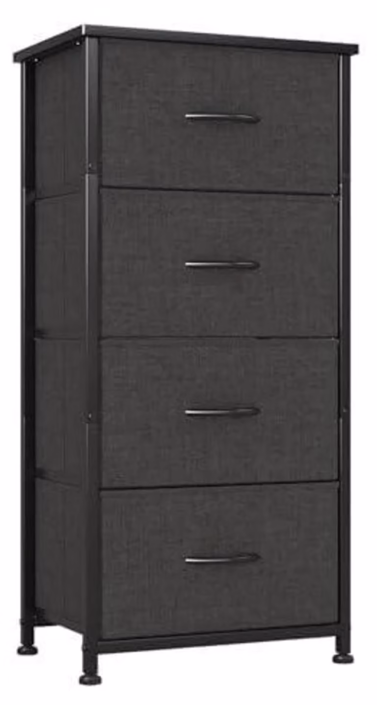 Comodino stretto con 4 cassetti in tessuto, struttura in metallo, piano in legno, colore nero. Dimensioni: 30x42x94 cm