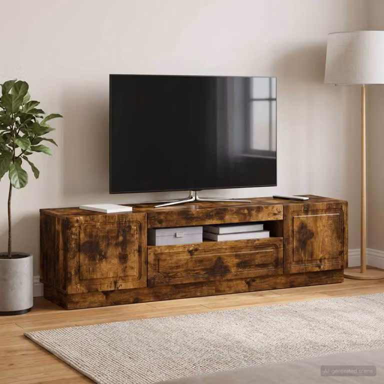 Mobile TV LED vidaXL in legno rovere fumo marrone con illuminazione integrata e scomparti multimediali L: 153,0 cm, P: 35,0 cm, H: 40,0 cm