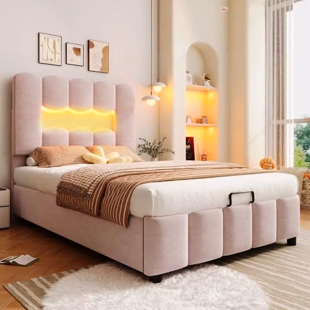 Letto singolo imbottito 90 x 200 cm con contenitore idraulico; LED multicolore; testiera regolabile; velluto rosa