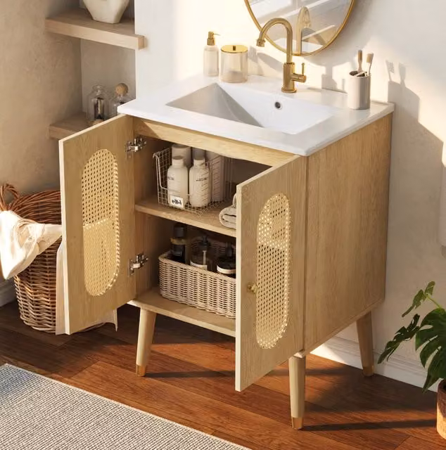 Mobile da bagno 61 cm con lavabo in ceramica, ante in rattan traspirante e struttura in MDF effetto legno naturale
