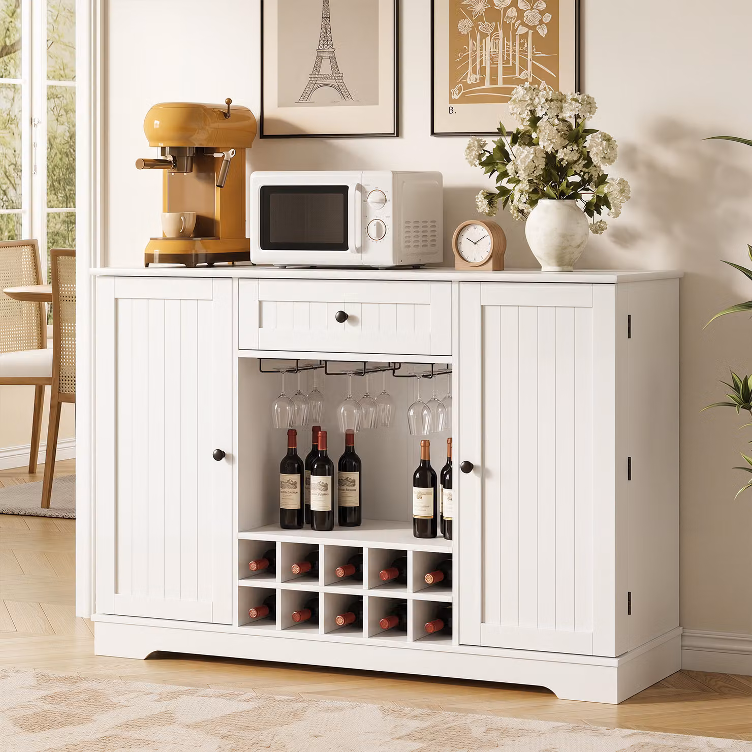 Costway Credenza buffet in legno per cucina e sala da pranzo con portabottiglie e portabicchieri, Mobile dispensa bianco con cassetto e ante a battente