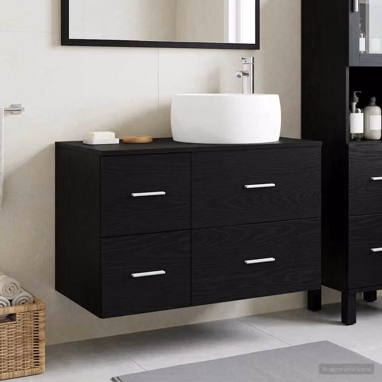 Set di mobili per il bagno vidaXL composto da mobile lavabo e pensile nero e rovere con design minimalista e montaggio a parete