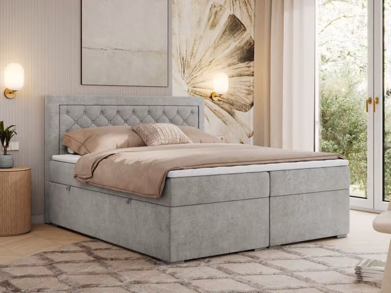 MKS MEBLE Letto boxspring 140x200 con contenitore, letto imbottito 140x200 con materasso H4 e topper, letto boxspring 140x200, letto imbottito 140x200, letto 140x200 con testiera - Grigio chiaro strutturato - H4 - JASIR