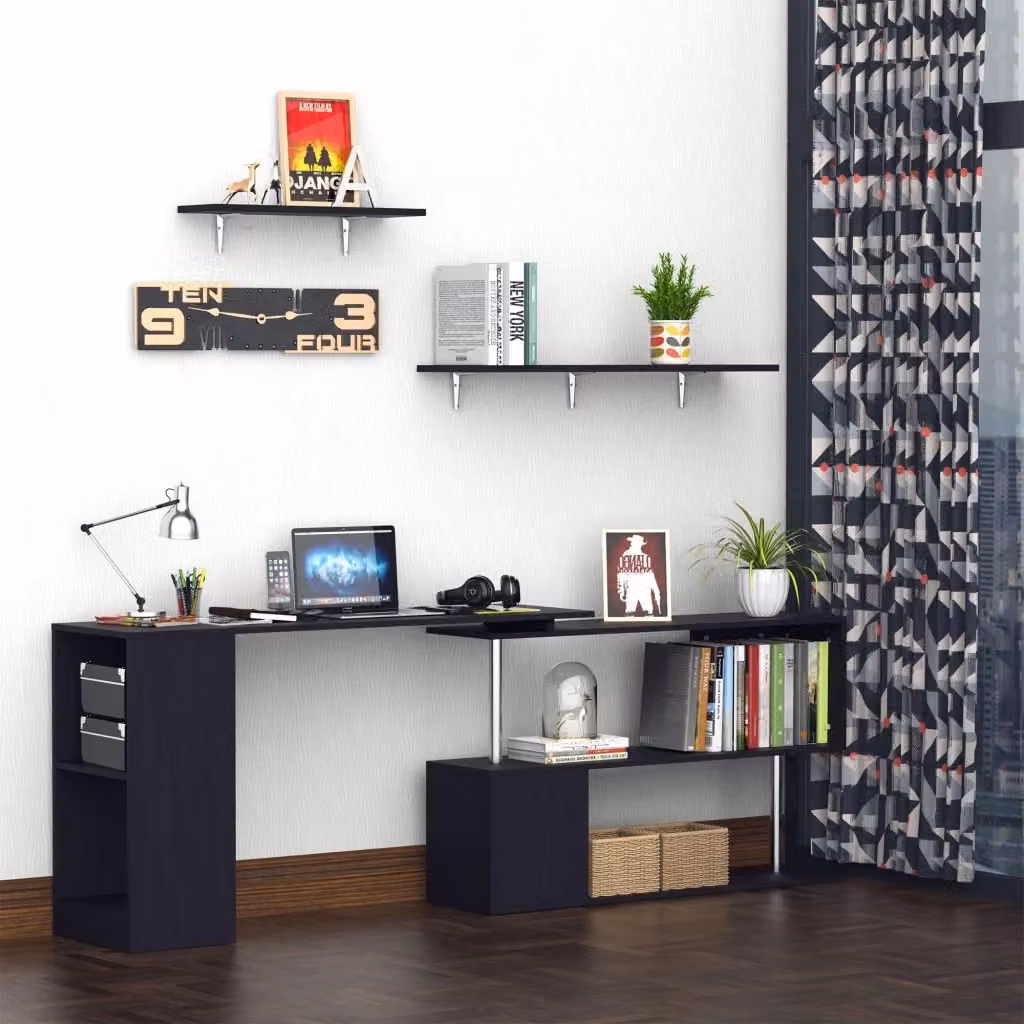 Scrivania Angolare Moderna HMC Nera con Cassetti e Scaffale Girevole L/P/H: 140 x 120 x 78,2 cm – 2