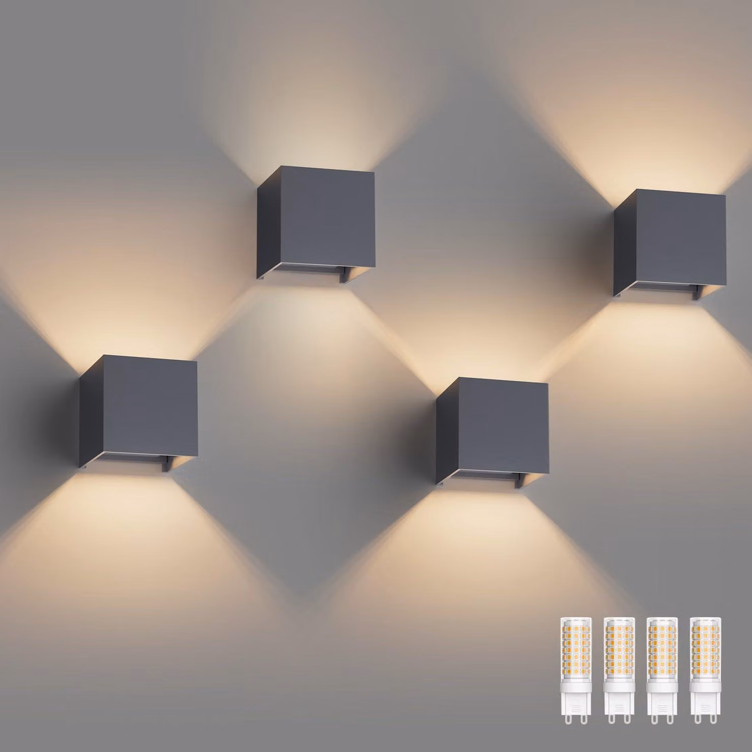 Confezione da 4 lampade a LED da parete, attacco G9, 3000K, alluminio, colore antracite, regolabili