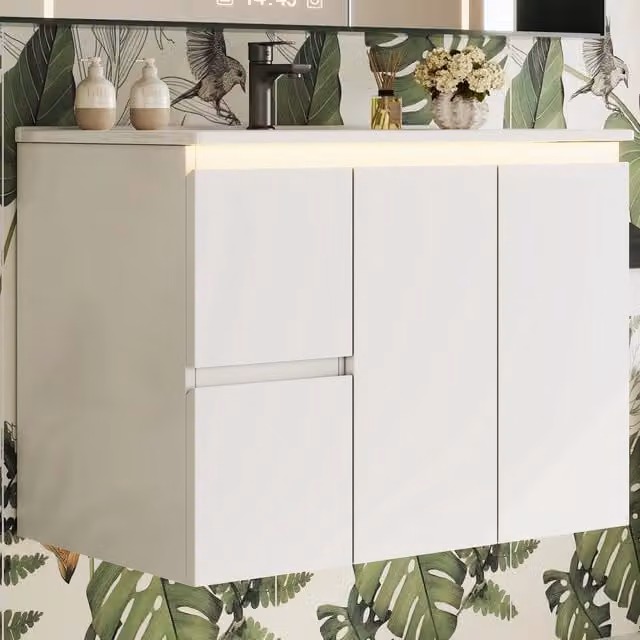 Mobile lavabo sospeso 76x47x57 cm con illuminazione LED a sensore radar in MDF e ceramica bianco
