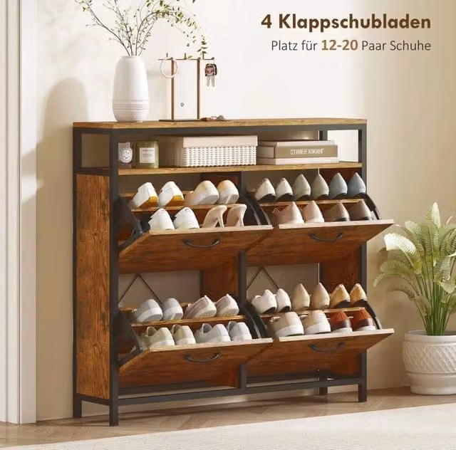 Scarpiera con 4 cassetti ribaltabili, struttura in acciaio marrone, design salvaspazio, capacità fino a 20 paia di scarpe