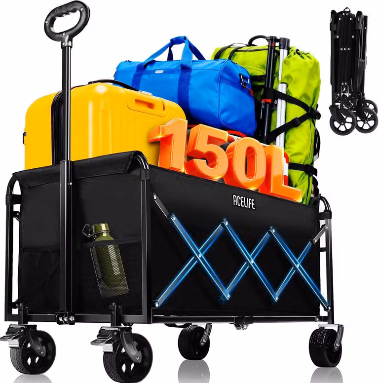 Carrello pieghevole, carrello da trasporto, capacità 150 litri, portata 150 kg, con maniglia regolabile, ruote adatte a terreni accidentati, ideale per campeggio, giardino e attività all'aperto