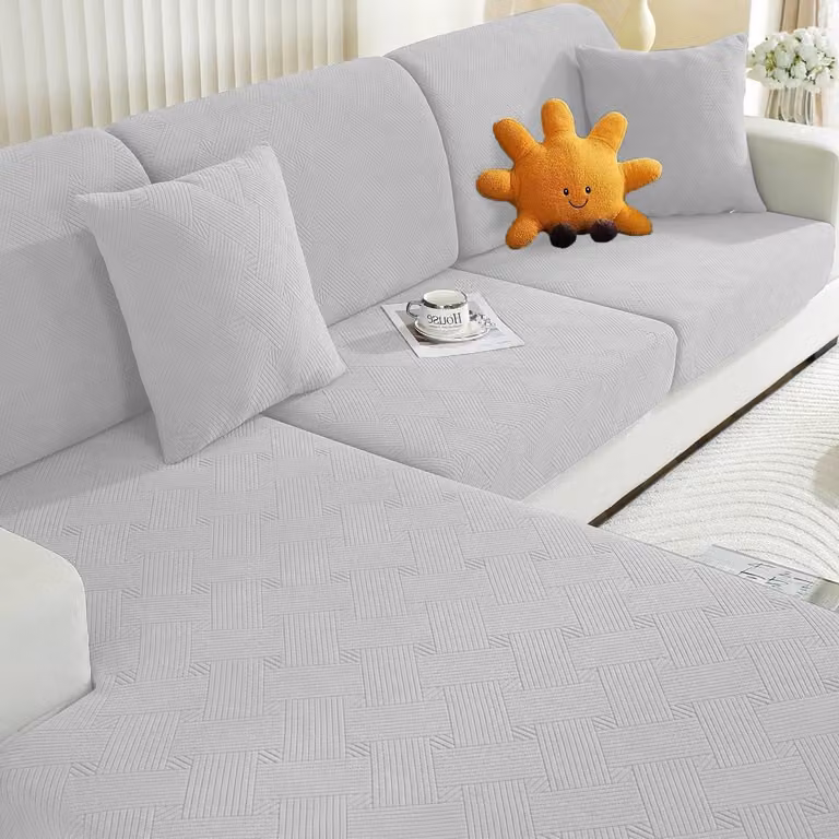 Copertura per cuscino da seduta, elasticizzata, color argento-grigio, adatta per 1 posto a sedere, 3 posti e divano a chaise longue. Design geometrico, antiscivolo, facile da pulire