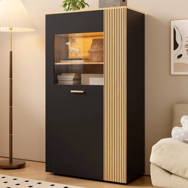 Armadio per console moderno con luci LED a 16 colori - Zephmum - 3 ripiani fissi e 2 regolabili, gestione cavi, ante in vetro