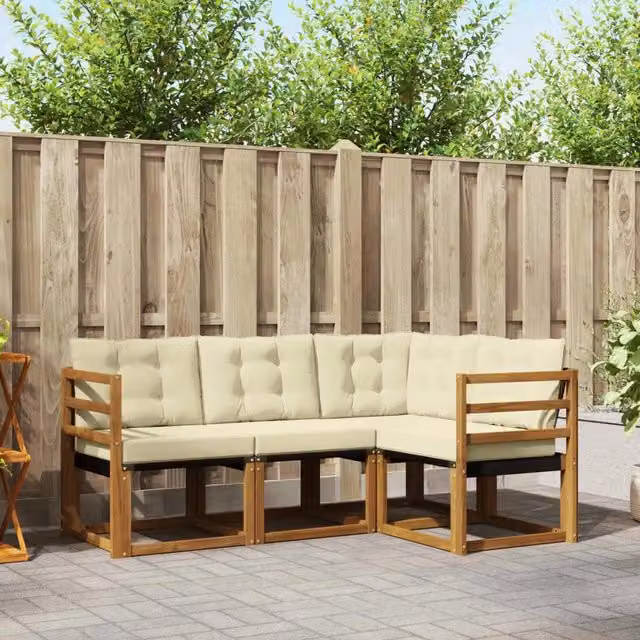 Set di divani da esterno a L vidaXL in legno di acacia con cuscini beige e bianchi – 1