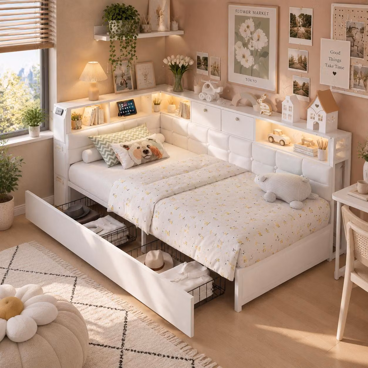 Letto imbottito INONEFT, divano letto 90x200 cm con LED e USB, letto per ragazzi con 2 cassetti, testiera a forma di L con spazio contenitore, rete a doghe in metallo, bianco