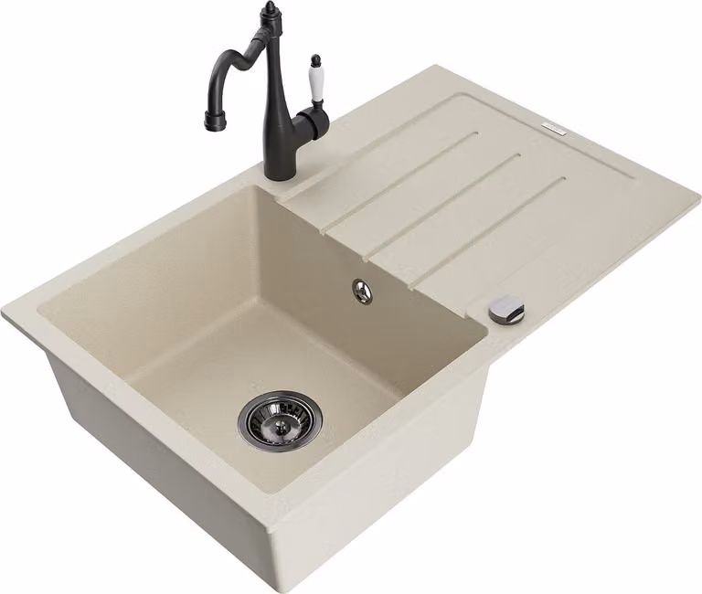 Mexen Bruno lavello in granito a 1 vasca con scolapiatti e rubinetto da cucina Carla, beige - 6513-69-670700-70
