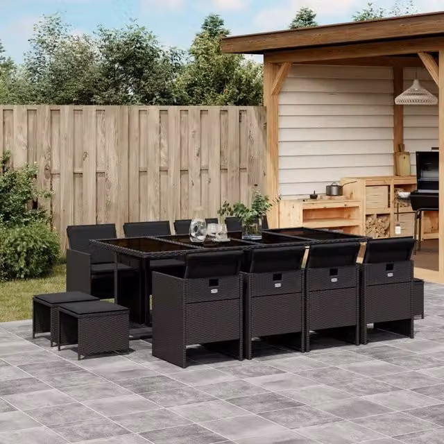 Set da Pranzo da Giardino 13pz con Cuscini Nero in Polyrattan 3277746