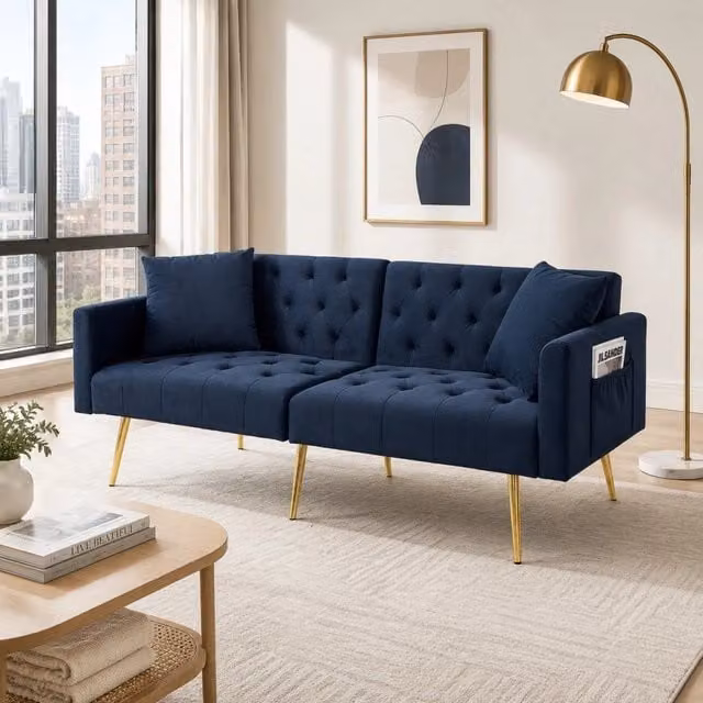 Divano a 2 posti 177x78x74 cm in velluto blu, con schienale reclinabile, per piccoli spazi –