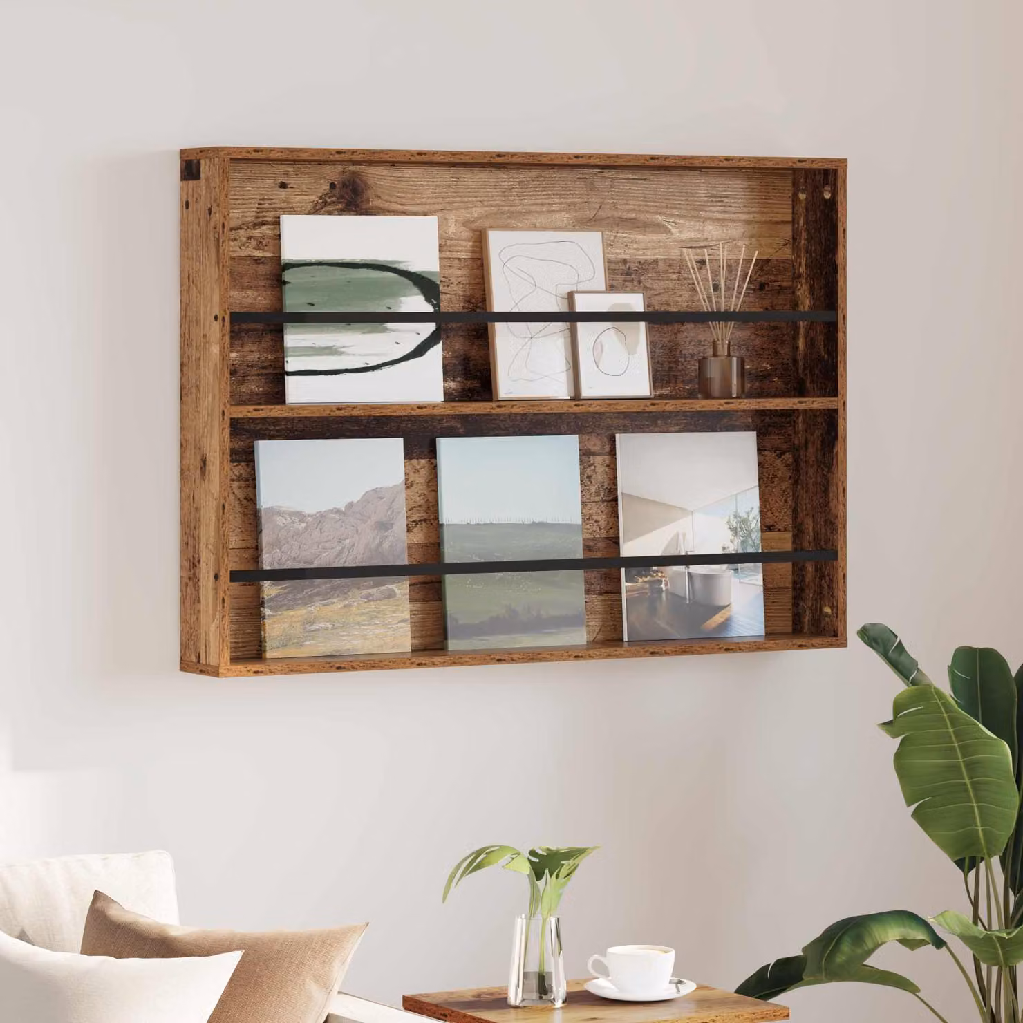 Scaffale per riviste vidaXL in legno vecchio marrone con ripiani regolabili, L 100 x P 12 x H 70 cm