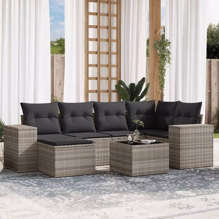 vidaXL Set Divani da Giardino a L 7pz in Polyrattan con Cuscini Grigio Chiaro e Tavolino