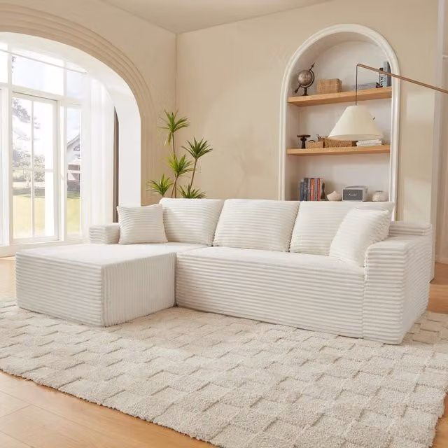 Divano modulare a L OKWISH bianco con sedute ampie e cuscini sfoderabili L/P/H: 252.5 x 163.0 x 65.0 cm