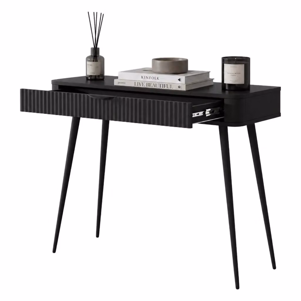 Toeletta da Trucco Katerara DMORA con un Cassetto, Colore Nero, L: 100 cm, P: 38 cm, H: 78 cm – 2