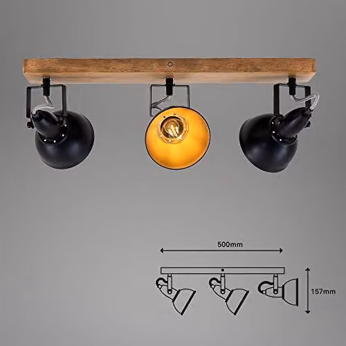 - Lampada da soffitto vintage, orientabile, con base in legno, attacco E14, massimo 25 Watt, ideale per soggiorno, camera da letto o cucina, tipo plafoniera, dimensioni 50x11x15,7 cm, colore nero e oro