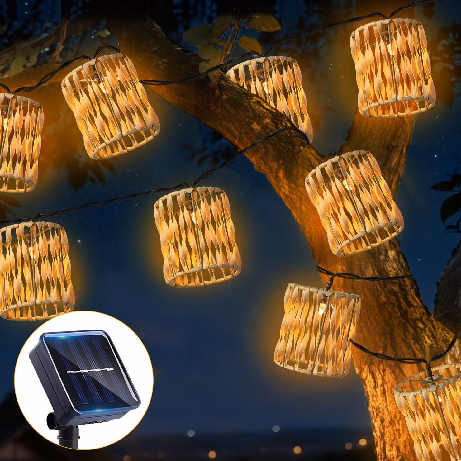 Catena luminosa solare con 10 lanterne in rattan, lunghezza 3,6 metri, resistente alle intemperie, color arancione