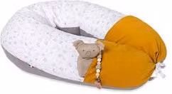 Cuscino per l'allattamento a forma di C DODO colore senape e bianco con tasche