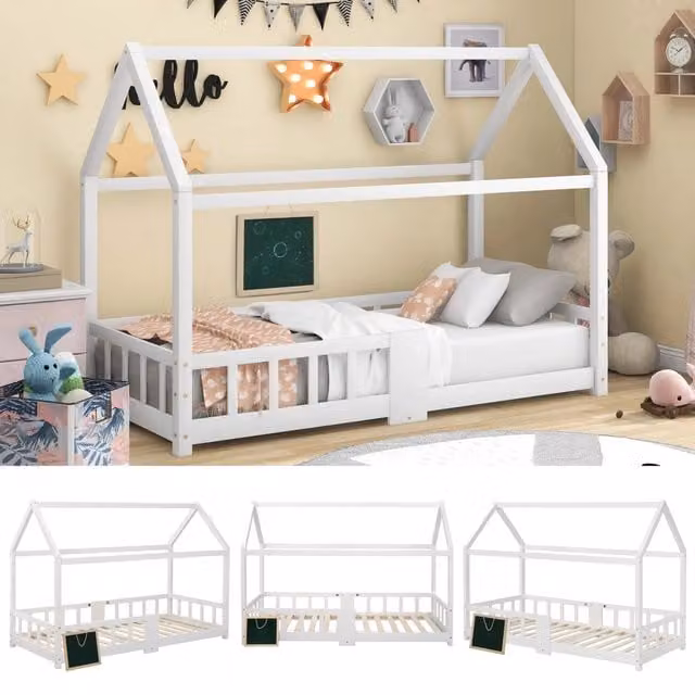 Letto a Casetta 90x200 cm in Legno Massello Bianco con Sponde di Sicurezza e Lavagna