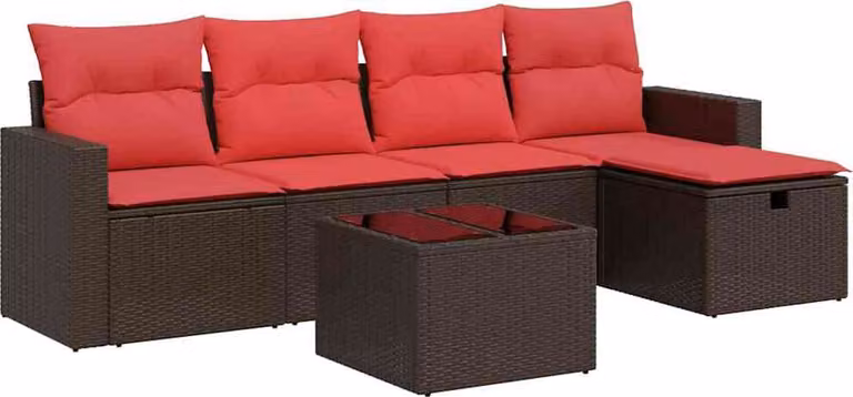 Set Divano da Giardino 6 pz con Cuscini Marrone in Polyrattan