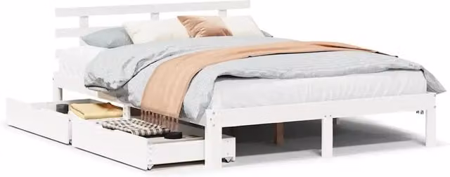 Letto matrimoniale | Letto per adulti | Giroletto con Cassetti Bianco 120x200 cm Legno Massello di Pino