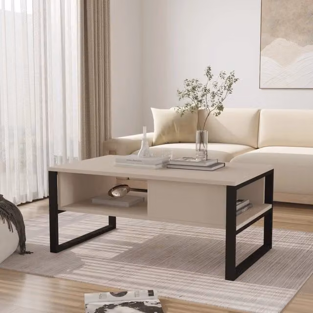Tavolino Centrale da Salotto Laukaa en.casa con Scomparti, Design Industrial, Beige/Nero, L: 100 cm, P: 45 cm, H: 60 cm