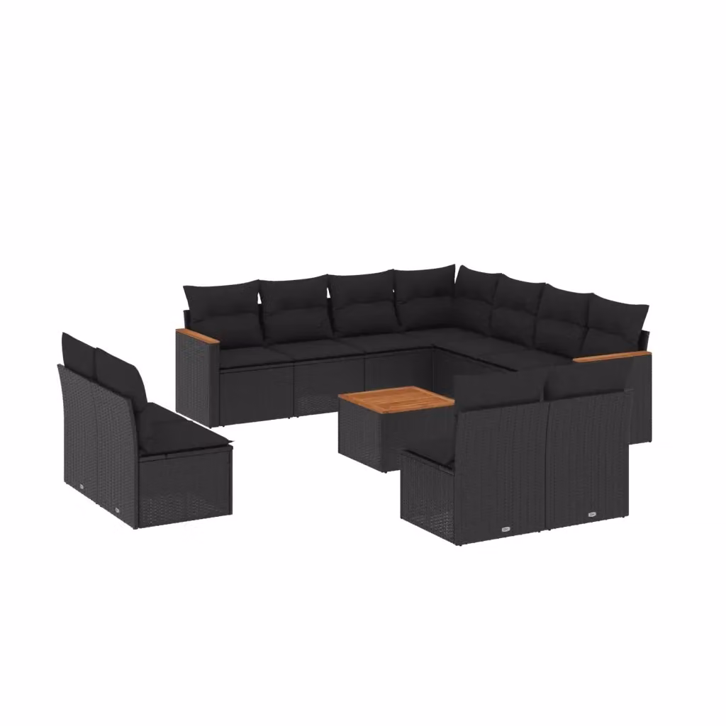 vidaXL Set Divani da Giardino 12 pz a Forma a U in Polyrattan Nero con Cuscini e Tavolino da Caffè – 2