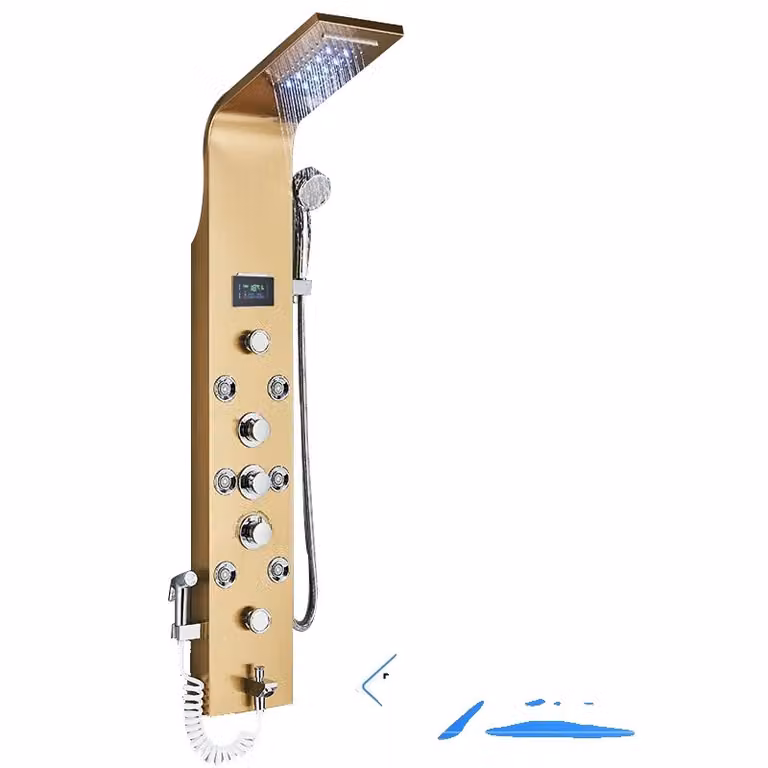 Pannello doccia bagno a LED, LCD intelligente a 6 modalità, cascata d'oro rosa, Golden 8009
