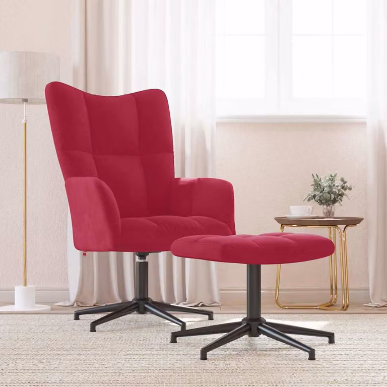 vidaXL Poltrona Relax con Poggiapiedi in Velluto Rosso, Sedia Reclinabile con Struttura in Metallo e Base Girevole a 360 Gradi