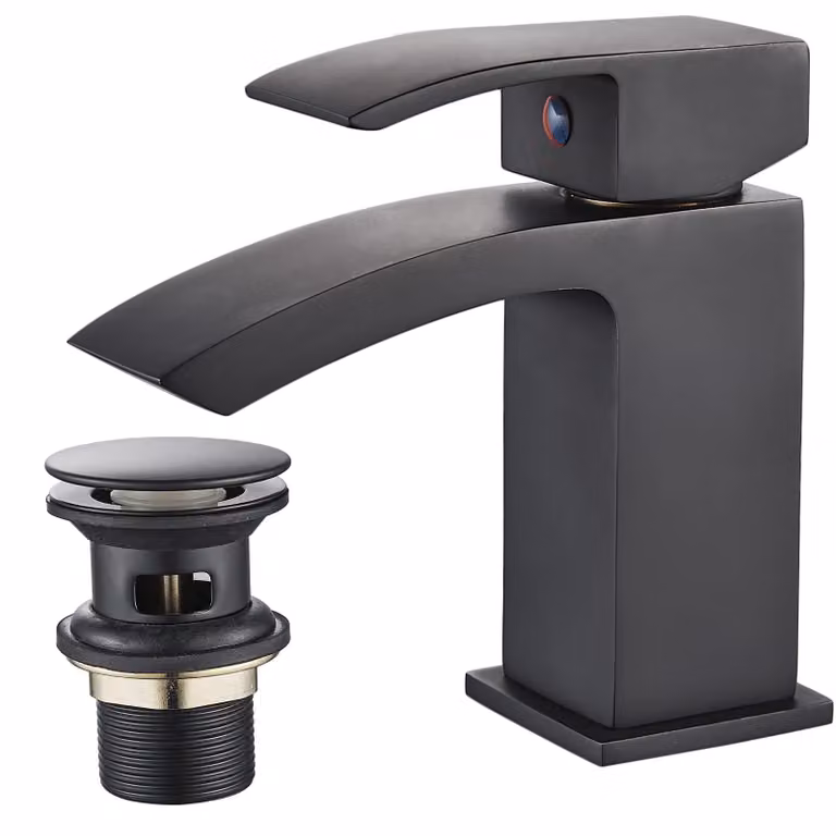 Miscelatore per lavabo a cascata, nero, monoblocco, in ottone
