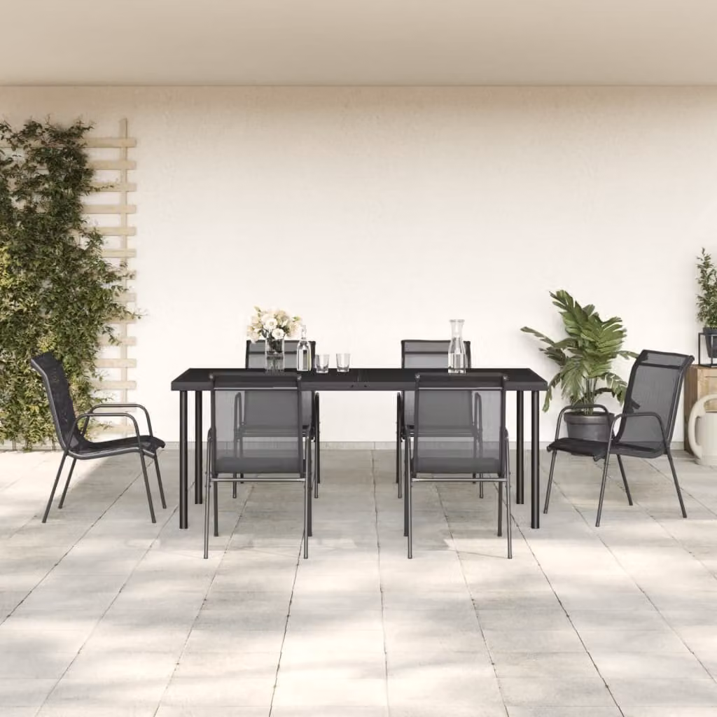 Set da pranzo da giardino vidaXL in 7 pezzi con tavolo rettangolare in vetro e sedie in acciaio nero e antracite