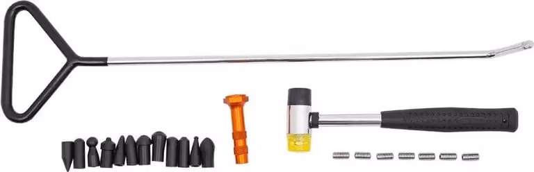 Riparazione ammaccature auto - Set di leve e sollevatori per ammaccature - 15 pezzi - Punte intercambiabili - Filettatura 8 mm - Angolo di flessione 120° - Argento/Nero/Arancione