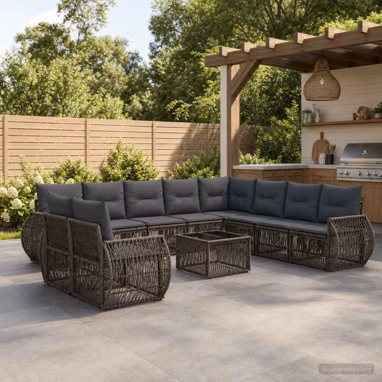 Set Divano da Giardino vidaXL 11 Pezzi a Forma di L con Tavolino, Colore Grigio e Antracite, Struttura in Metallo e Polyrattan con Cuscini Imbottiti