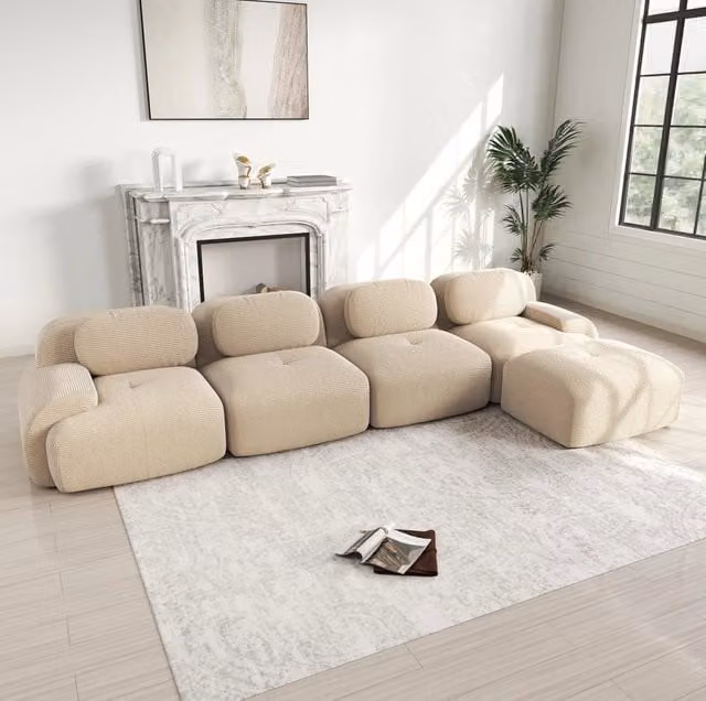 Divano angolare modulare senza montaggio; 388x178x70 cm; velluto a coste; beige