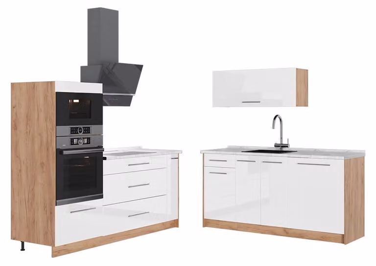 Cucina Vicco Fame-Line Bianco lucido/Rovere dorato 340 cm, PL Marmo, Model 63715