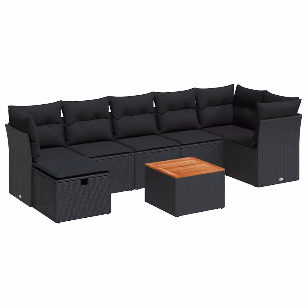 Set di divani da giardino vidaXL a forma di L con cuscini e tavolino, 8 pezzi, colore nero in polyrattan e legno di acacia con struttura in acciaio verniciato a polvere – 2