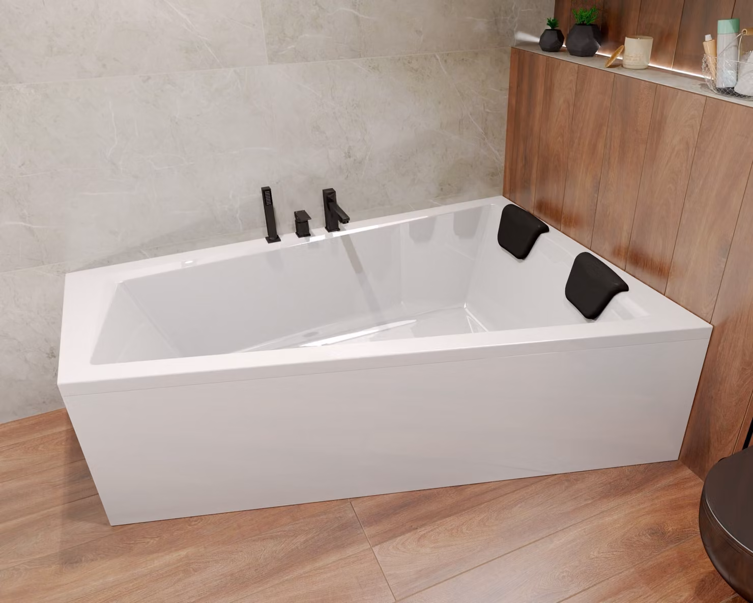 BADLAND vasca angolare rettangolare INTIMAS DESTRA 150x85 con set di scarico e piedini + 1 cuscino da bagno | BADLAND INTIMAS