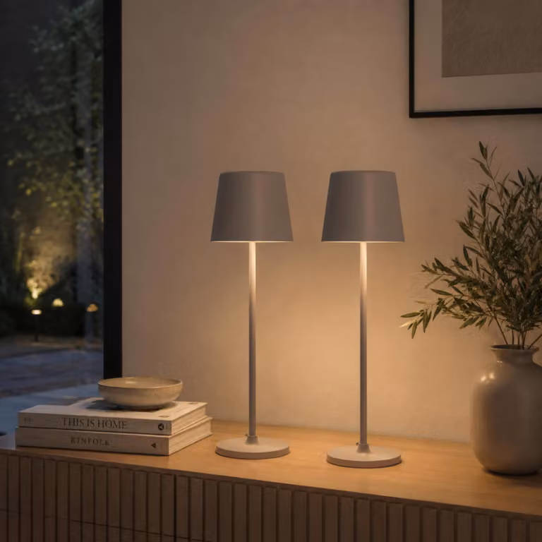 set di 2, lampada da tavolo a LED per esterni, 37 cm, 310lm, touch dimmer, USB, grigio
