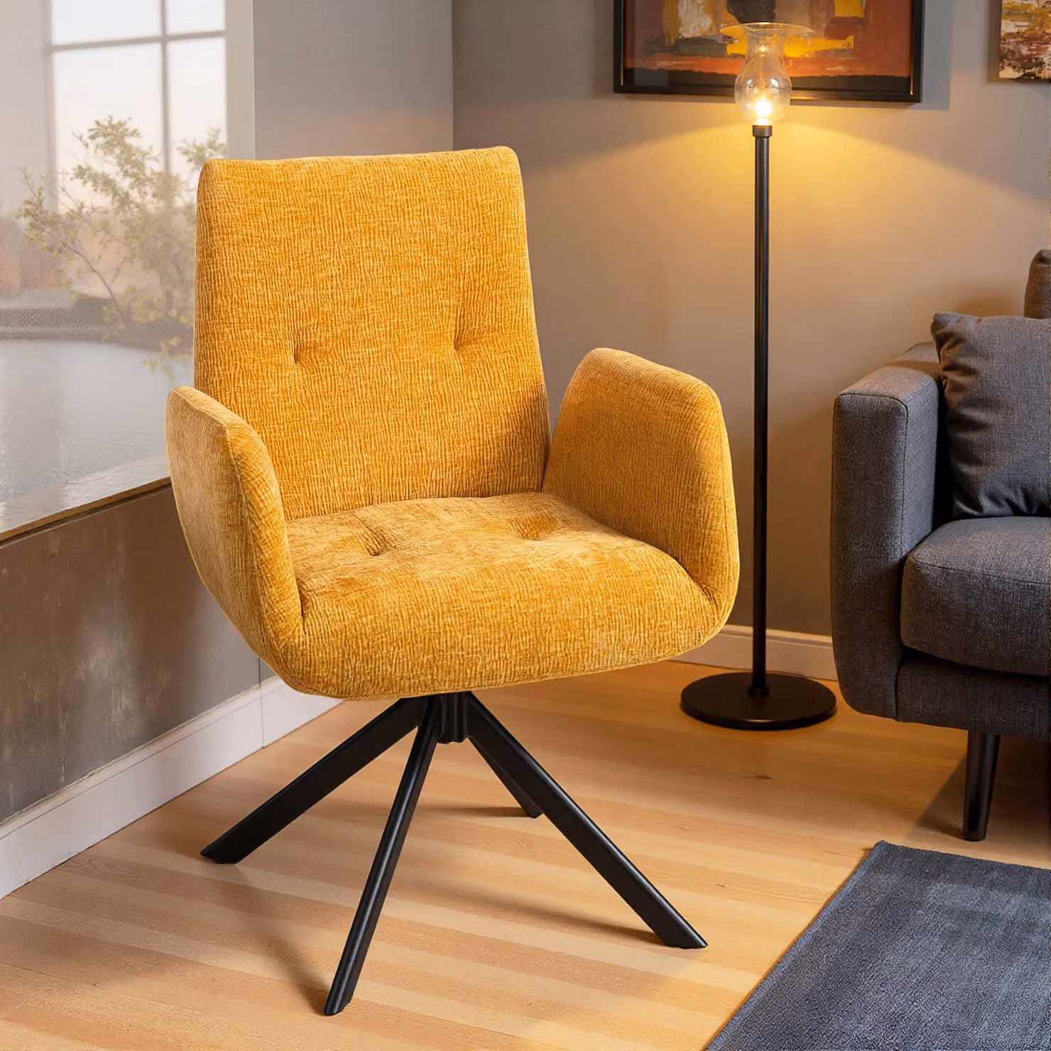 Poltrona girevole d'accento HOMCOM in velluto giallo con design moderno e braccioli, L: 60 cm, P: 61 cm, H: 88 cm – 2