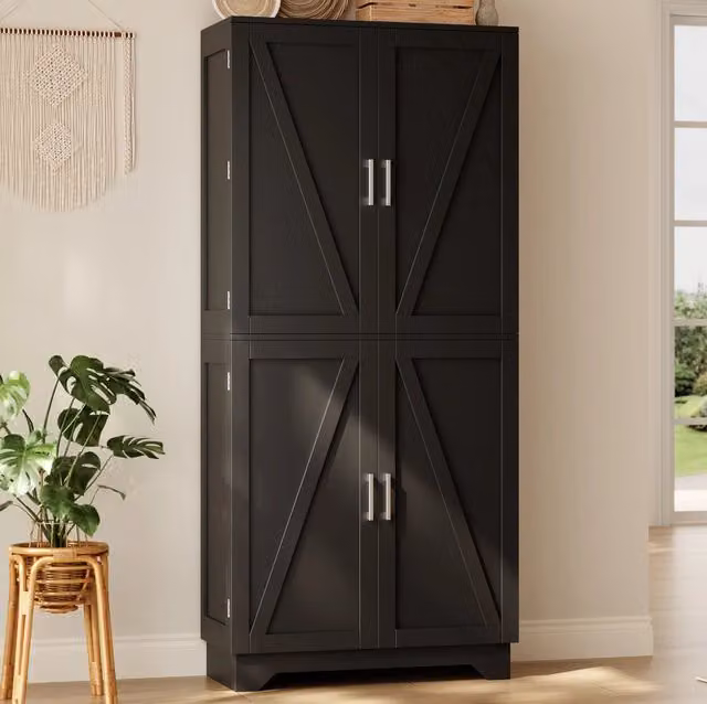 Mobiletto alto con 4 ante a doppia porta, armadio dispensa con portabottiglie e mensole, 80×40×180 cm